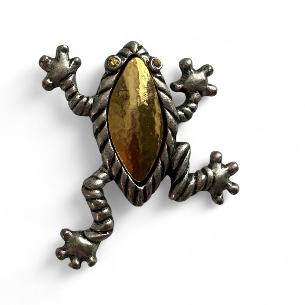 Silver Tone & Hammered Gold Tone Frog Pin Brooch with Crystal Eyes 1 3/8"